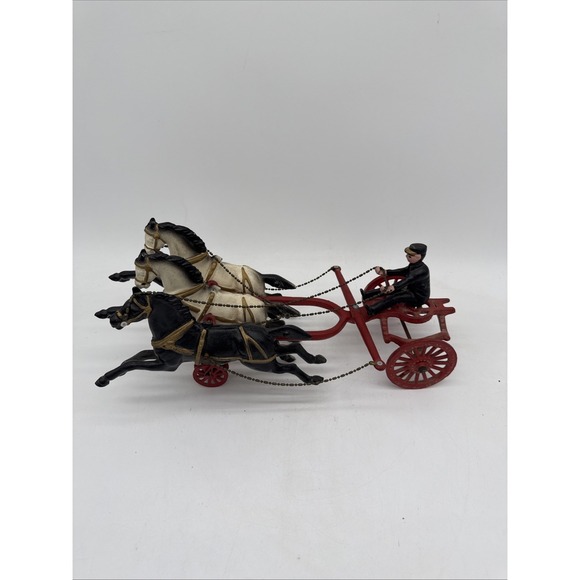 Vintage Heavy Cast Iron Firefighter 3 Horse Drawn Carriage With 1 Fireman